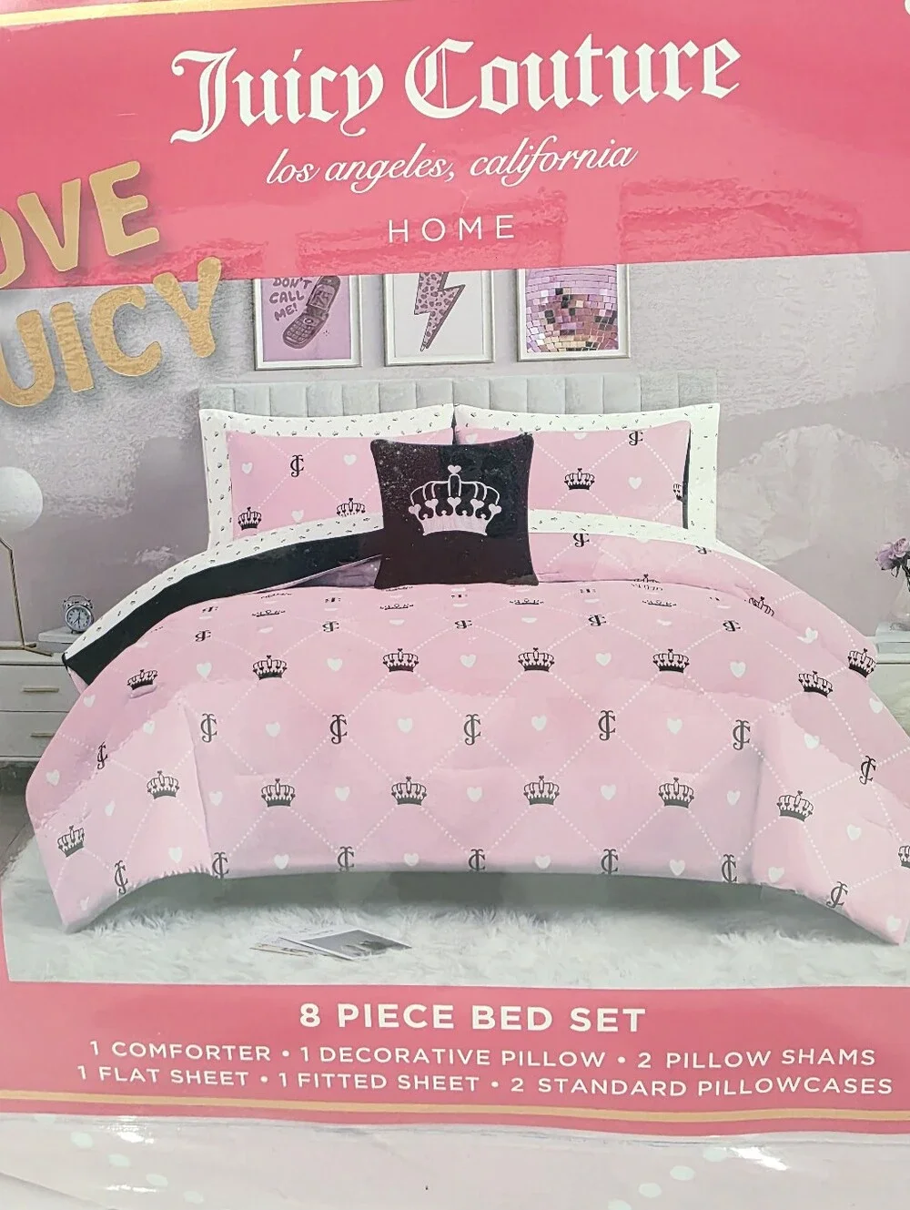 Juicy Couture QUEEN Hearts Crown JC Print 8 Piece Pink Comforter Set